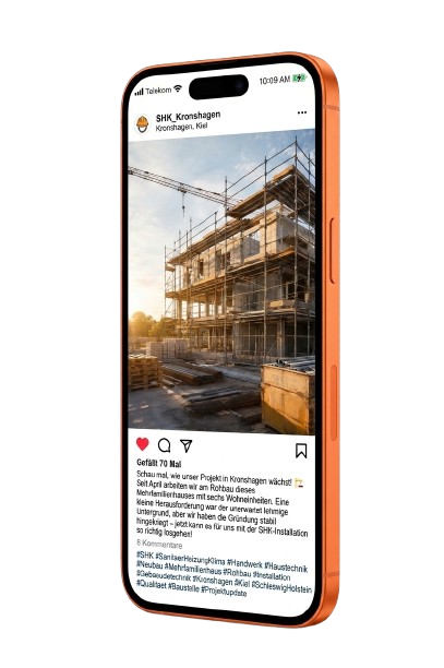 Fertiger Instagram-Post mit Text und Hashtags auf einem Handy